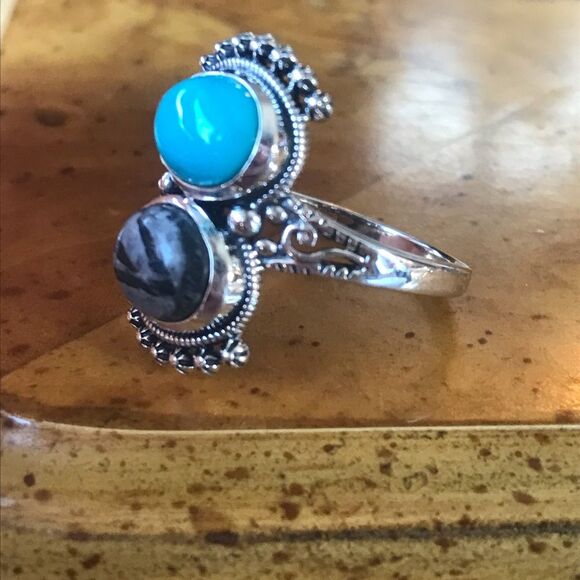 Sleeping Beauty Turquoise White Buffalo Sterling Silver Ring Size 8 - Picture 9 of 10